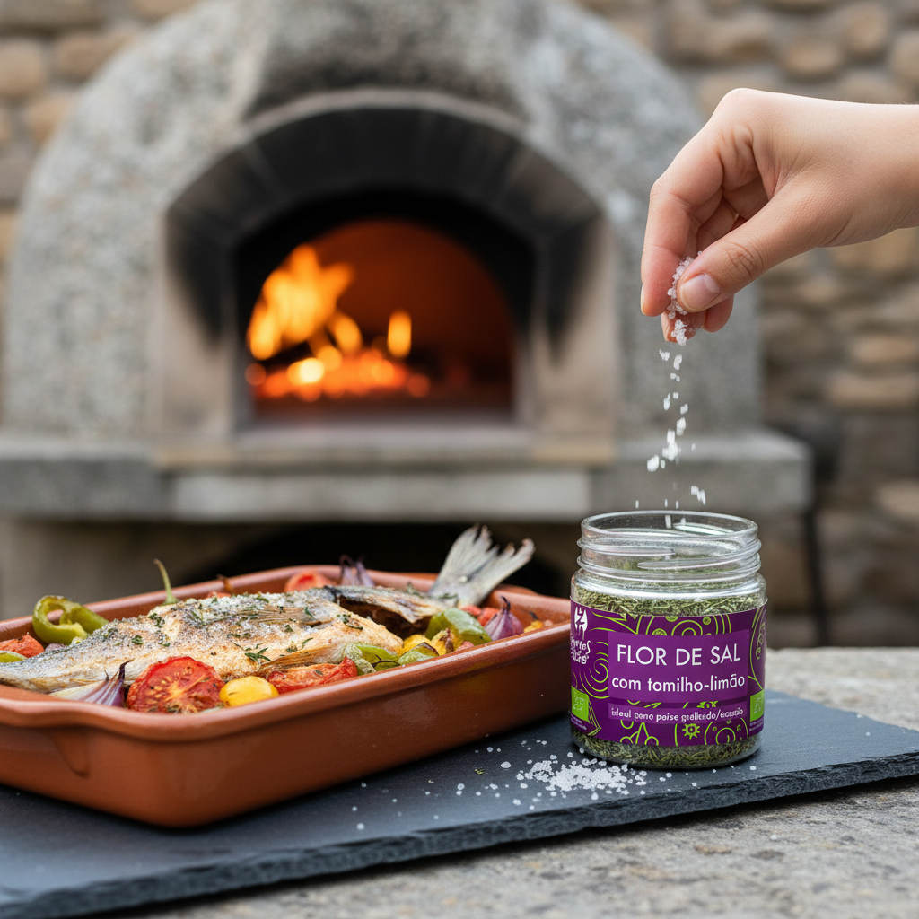 Flor de Sal — Peixe Assado com Legumes, Forno ao Fundo
