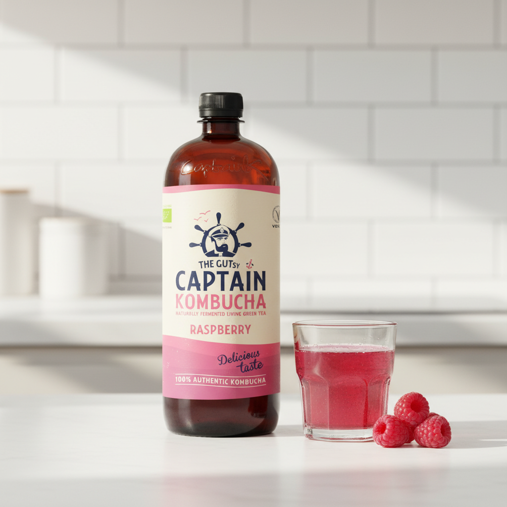 GUTsy Captain Kombucha Framboesa — garrafa castanha