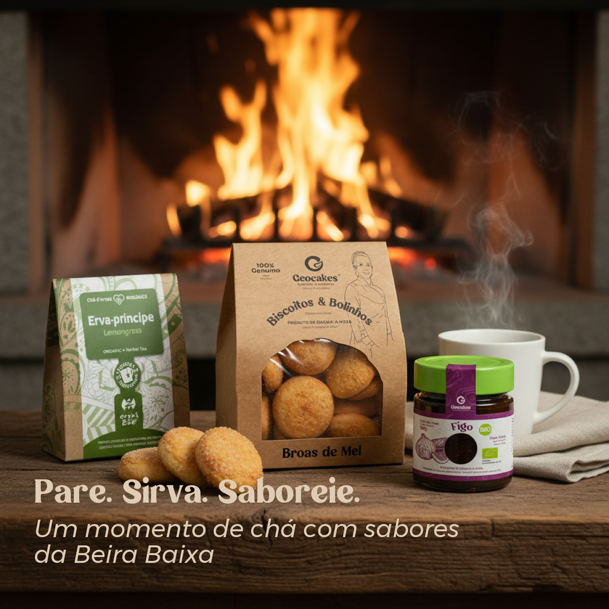 Kit Hora do Chá Geocakes junto à lareira para um momento de pausa