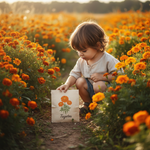 Embalagem de sementes de Cravo Túnico (Tagetes patula) num campo florido com criança