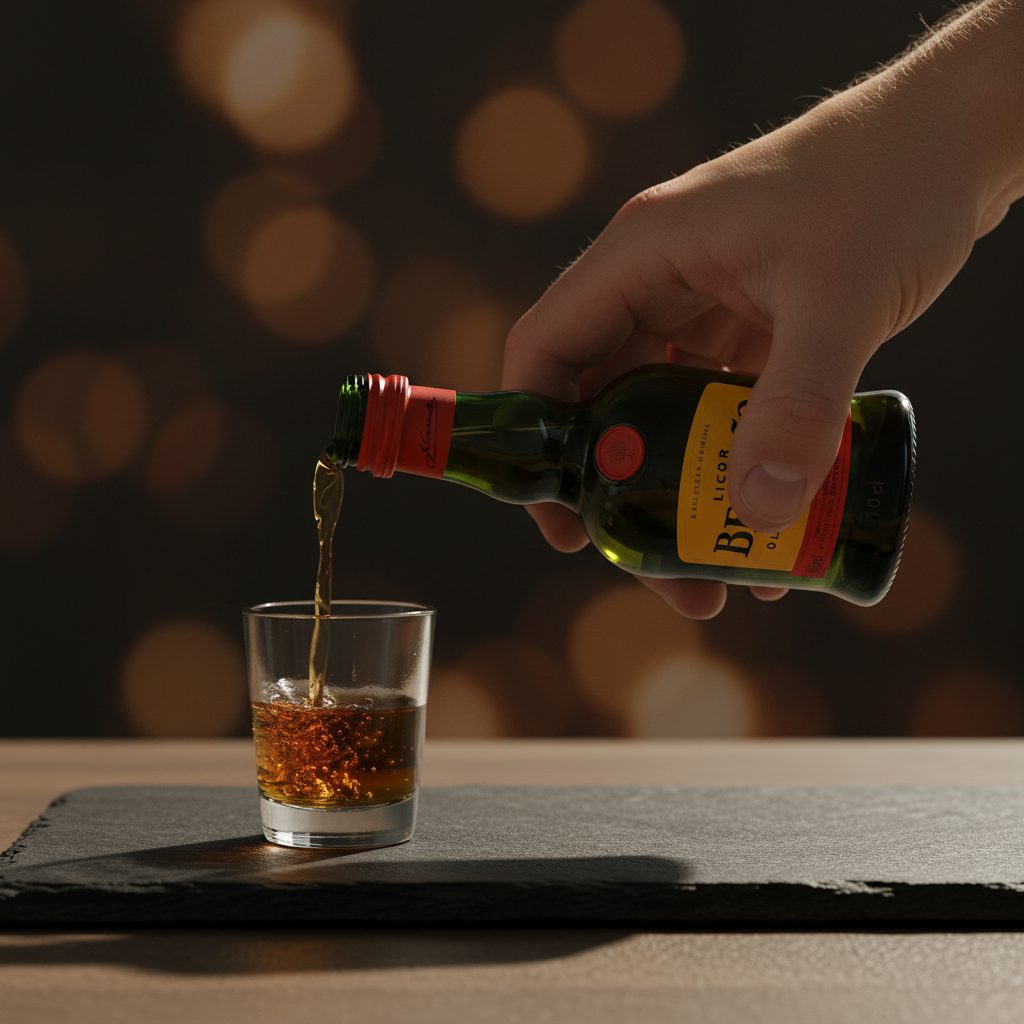Licor Beirão — Mão a Servir num Copo de Shot