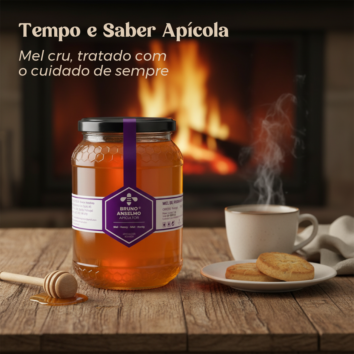 Mel de rosmaninho de 1 kg apresentado à mesa num ambiente acolhedor