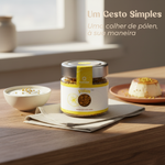 Pólen de Abelha Artesanal Geocakes — uma colher de pólen com iogurte ou sobremesa