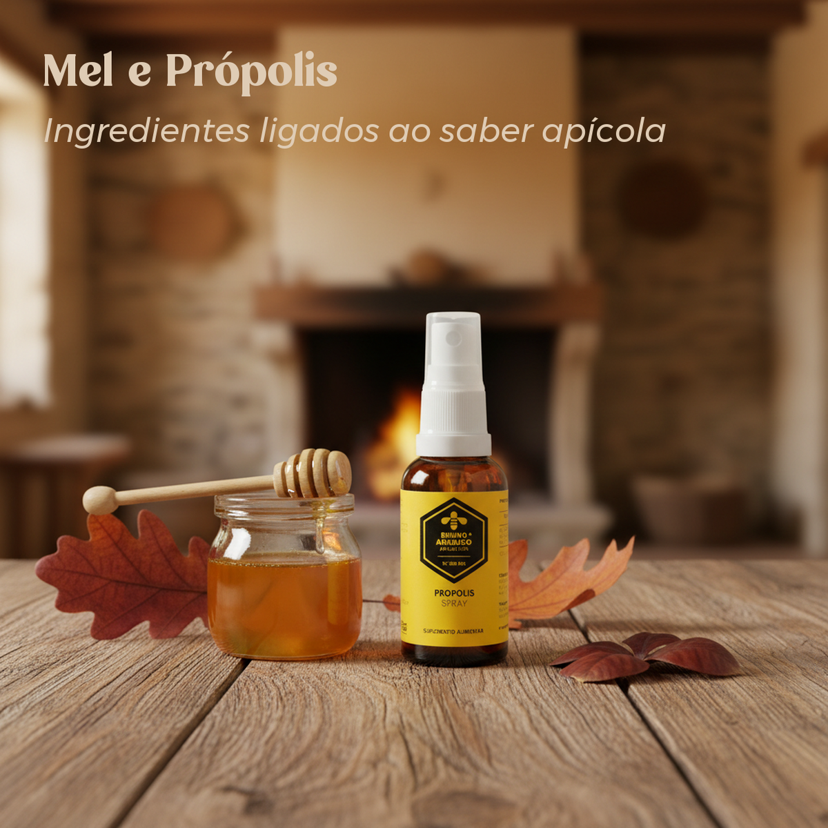 Própolis em spray Bruno Anselmo com mel num ambiente outonal