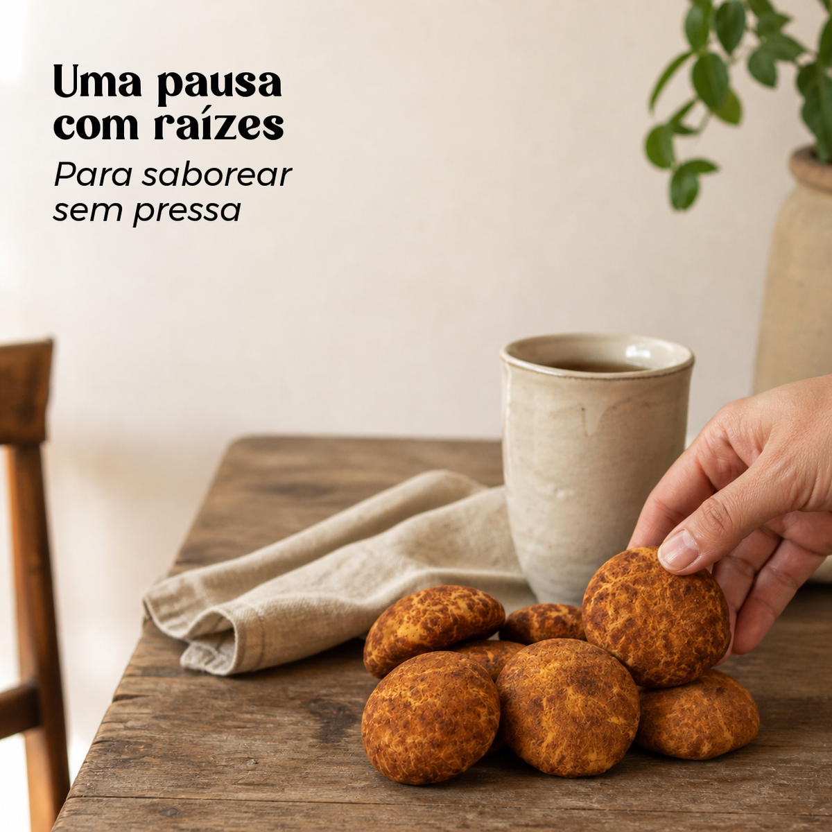 Raivas de Canela Biológicas Geocakes — pausa à mesa com chá e gesto de partilha