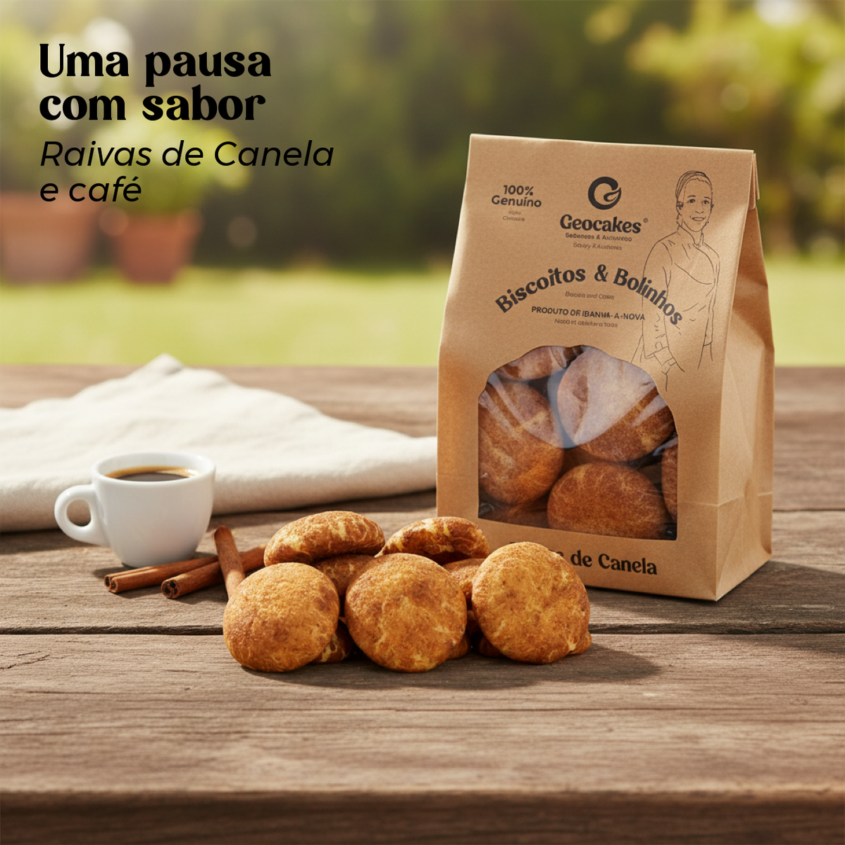 Raivas de Canela Geocakes com café numa mesa exterior — Uma pausa com sabor