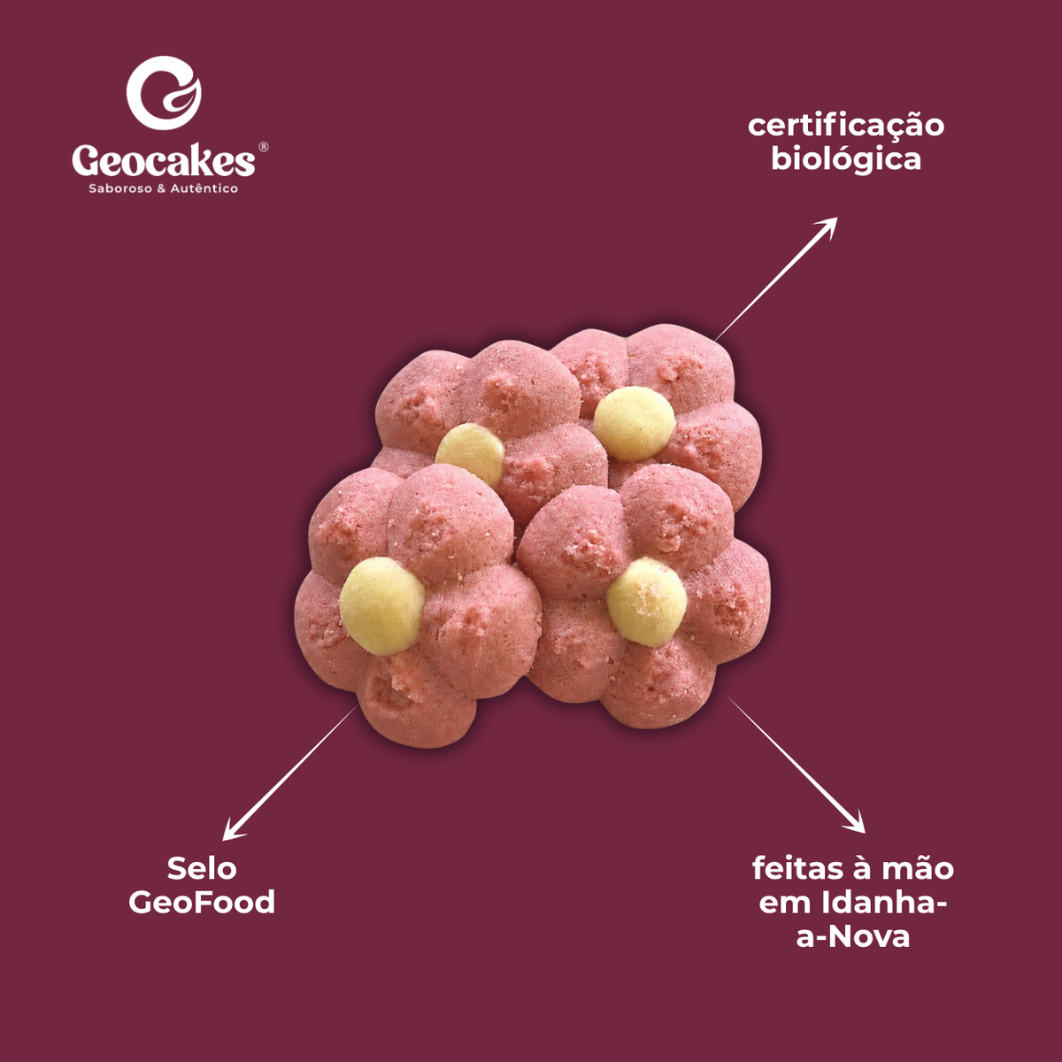 Rosas Albardeiras Biológicas Geocakes — características: certificação biológica, feitas à mão em Idanha-a-Nova, selo GeoFood