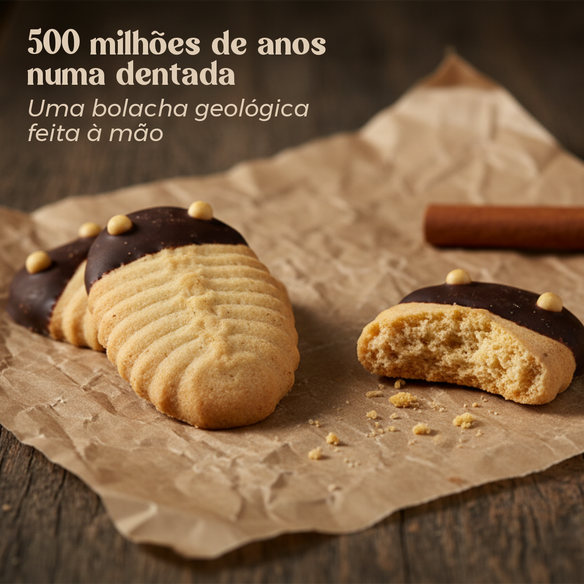 Trilobites Biológicas Geocakes, uma inteira e outra mordida — 500 milhões de anos numa dentada